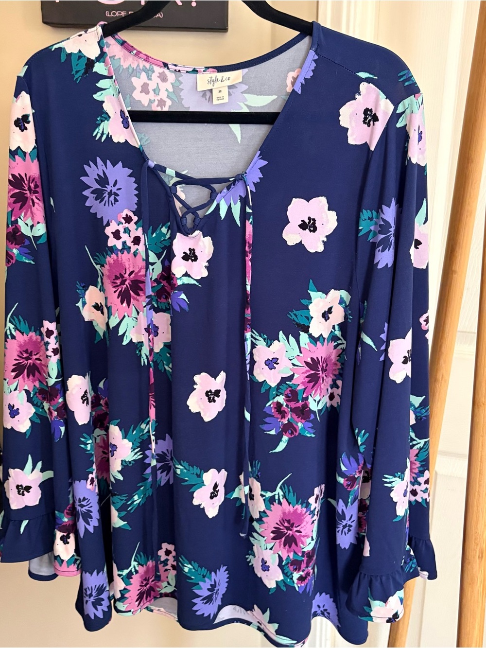 Style & Co. Navy Floral Lace-Up Tunic with Ruffle Cuffs